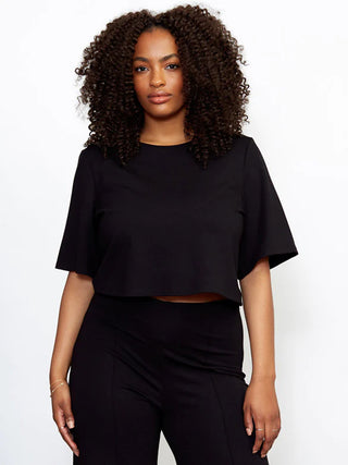 Cropped Ponte Knit Short Sleeve Top- Black