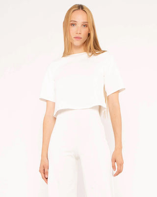 Cropped Ponte Knit Short Sleeve Top - Off White
