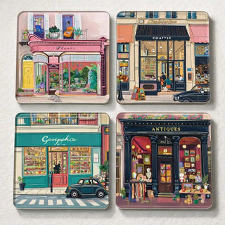 European Vintage Paris Café Storefront Coaster Set Of 4