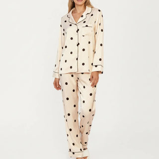 2-Piece Set Satin Polka Dot Pajama Top With Contrast Piping And Matching Straight-Leg Pants - Light Beige