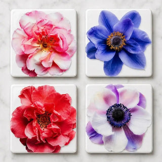 Pink, Blue & Red Flower Glass Drink Coasters Set Of 4