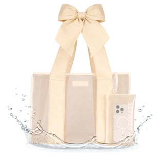 Bow Ecru Raffia Jelly Tote with Phone Pouch