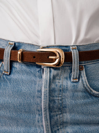 Modern Saddle Belt- Warm Truffle Suede With Gold Hardware