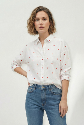 Embroidered Hearts Button Down : White