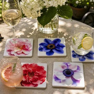 Pink, Blue & Red Flower Glass Drink Coasters Set Of 4