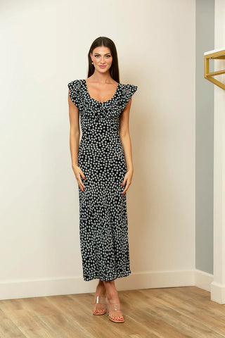 Ruffle Sleeve Silk Dress - Black & White