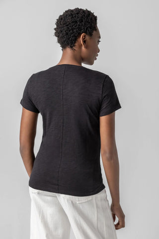 V-Neck Short Sleeve Back Seam Tee- Black