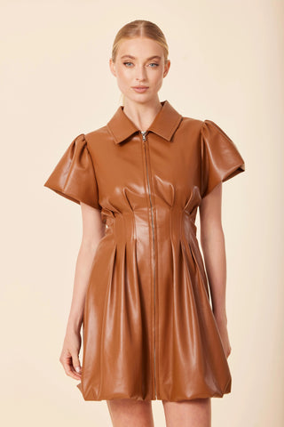 Vegan Leather Zip Bubble Dress- Saddle