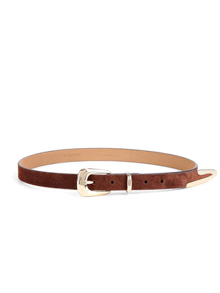 Modern Saddle Belt- Warm Truffle Suede With Gold Hardware