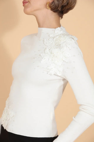 Merino Wool Mock Neck Sweater w/ Pearl and Flower