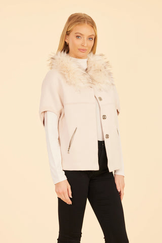 Fur Trim Cardigan- Creme/Chestnut