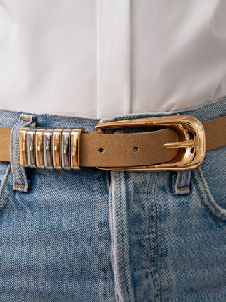 Metal Core Belt- Shiitake Suede With Mixed Metal Hardware