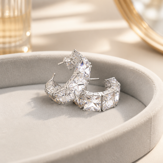 White Swarovski Crystal Square Hoops