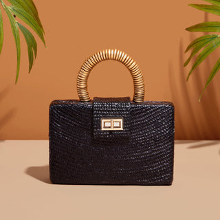 The Gracie Black & Gold Woven Straw Clutch