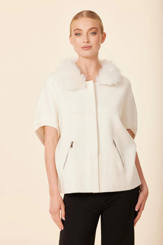 Faux Fur Trimmed Cardigan- Ivory Metallic