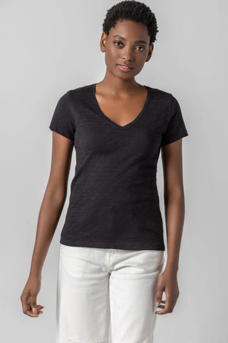 V-Neck Short Sleeve Back Seam Tee- Black