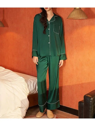 Women'S Satin Contrast Trim Button Down Pajama Set- Green