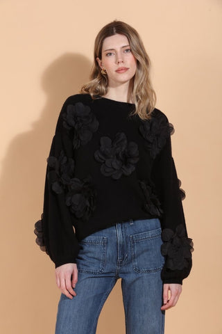 100% Merino Wool Round Neck Sweater with 3-D Floral Appliqué