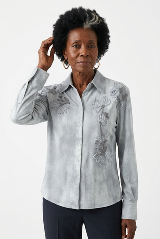Distressed Print Shirt w/ Flower Applique