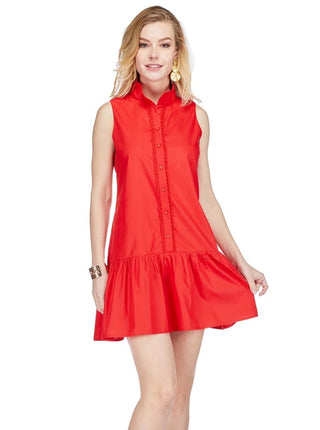 High Neck Trim Dress - Red