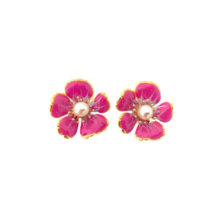 The Pink Reef Floral Handpainted Earrings- Magenta Pearl
