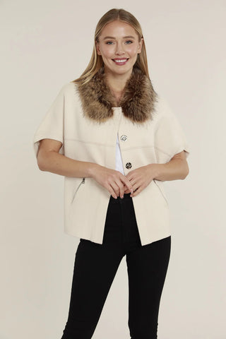 Fur Trim Cardigan- Creme/Chestnut