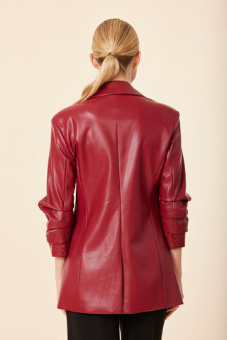 Vegan Leather Ruched Sleeve Blazer- Deep Red