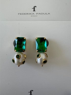 Octagon Pearl Studs - Emerald
