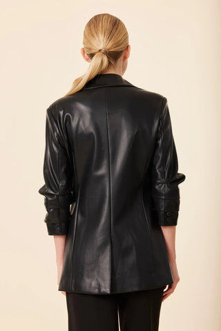 Vegan Leather Ruched Sleeve Blazer- Black