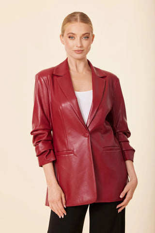 Vegan Leather Ruched Sleeve Blazer- Deep Red