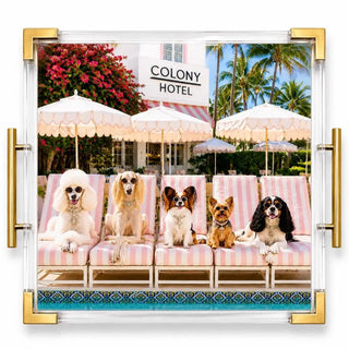 Palm Beach Colony Hotel Dog Art Acrylic Tray - With Gold Corner Accents