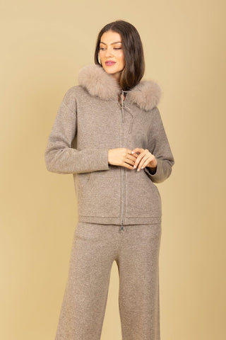 Zip up Knit Hoodie with Faux Fur Trim- Khaki