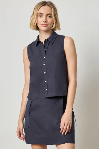 Eyelet Collar Sleeveless Shirt - Navy
