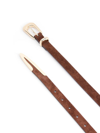 Modern Saddle Belt- Warm Truffle Suede With Gold Hardware