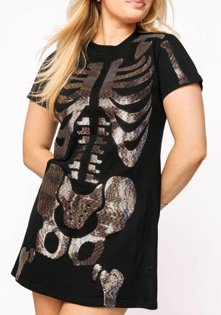 Black Multi Skeleton Body Tee Dress - Black
