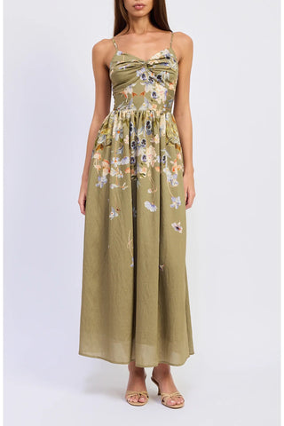 Twist Bust Floral Border Corset Maxi Dress- Olive Blue Floral