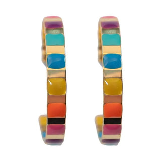 Gold and Rainbow Enamel Striped Hoop Statement Earrings