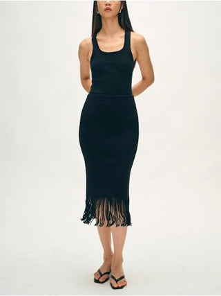 Fringed Ribbed Skirt - Black