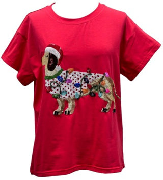 Red Weenie Dog in Christmas Lights Tee