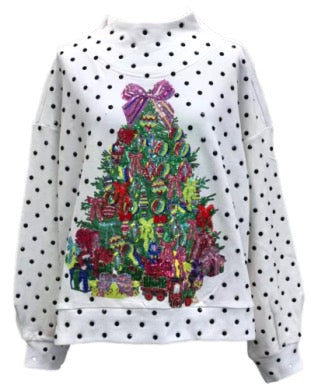 White and Black Polka Dot Christmas Tree Sweatshirt